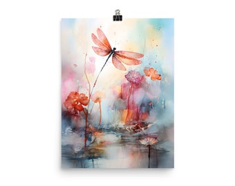 Dragonfly Watercolor Painting, Dragonfly Wall Art, Dragonfly Decor, Watercolor Summer Painting, Dragonfly, Dragonfly Art, Print