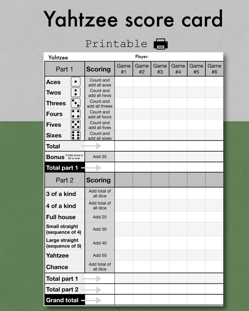 Yahtzee Score Card Print Your Own Dice Game Printable Yahtzee Game