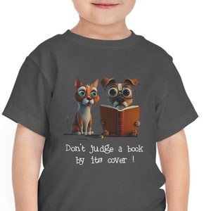 Camiseta de manga corta con estampado de animales para niños pequeños, divertida camiseta con estampado de animales para niños, "Don't Judge a book"
