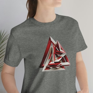 Maglietta geometrica a triangolo, maglietta geometrica femminile, maglietta con immagini di scatole, maglietta maschile, maglietta rossa con forme