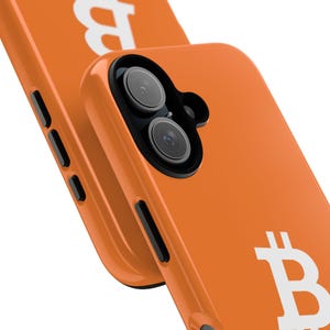 May include: Orange phone case with a white Bitcoin symbol. The case has a dual camera lens.