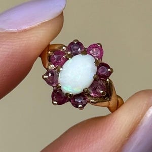 ヴィンテージ9金ゴールド オパール＆ルビークラスターリング