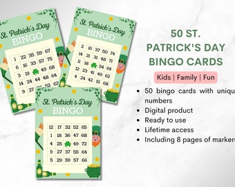 50 St. Patrick's Day Bingo cards with numbers & markers INSTANT DOWNLOAD