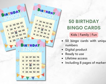50 Birthday Bingo cards with numbers and markers, print and play bingo with family or friends INSTANT DOWNLOAD