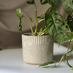 Handgemaakte keramische potovertrek – beige met stippen – een unieke plantenovertrek