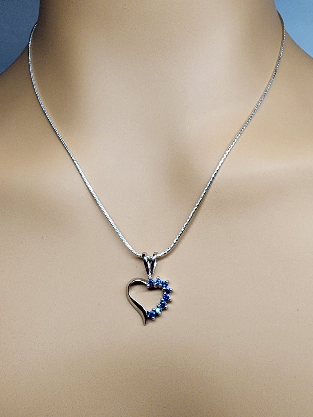 Sterling Silver Heart Necklace Blue CZ Accents - Etsy