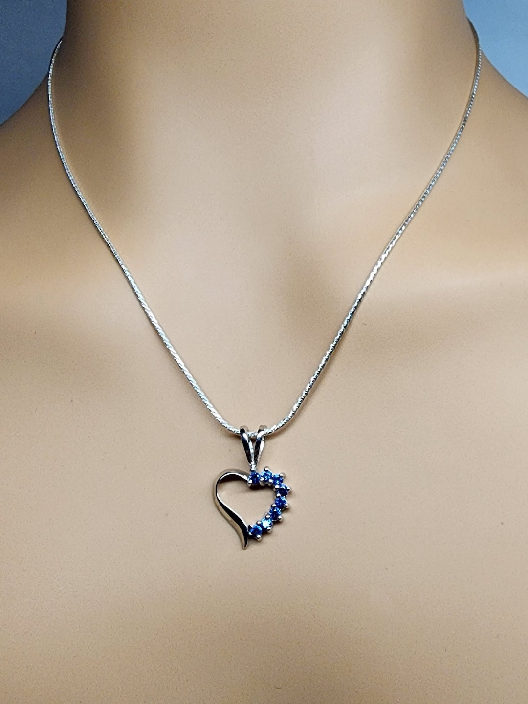 Sterling Silver Heart Necklace, Blue CZ Accents Etsy
