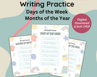 Trace Days of the week Printable Worksheet Days name tracing activity Months of the year printable worksheet Kindergarten worksheet