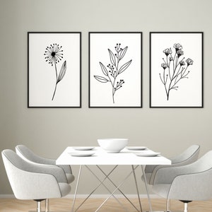 Minimalistisches Blumen-Set mit 3 Drucken, neutrale Galeriekunst, botanische Wandkunst, moderne Kunst, Linienkunst, Blumendruck, Blumenwandkunst