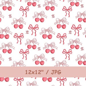 May include: A repeating pattern on a white background featuring pink cherries with stems attached to white bows, interspersed with small pink diamond shapes. A horizontal pink banner across the centre displays the text 12x12" / JPG.