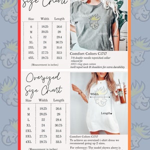 May include: Size chart for a t-shirt with measurements in inches. The chart shows the width and length of the shirt in sizes S, M, L, XL, 2XL, 3XL, and 4XL. The chart also includes information about the fabric and fit of the shirt. Comfort Colors C1717. 7/8 double-needle topstitched collar, relaxed fit, 100% ring spun cotton, twill taped neck & shoulders for extra durability.