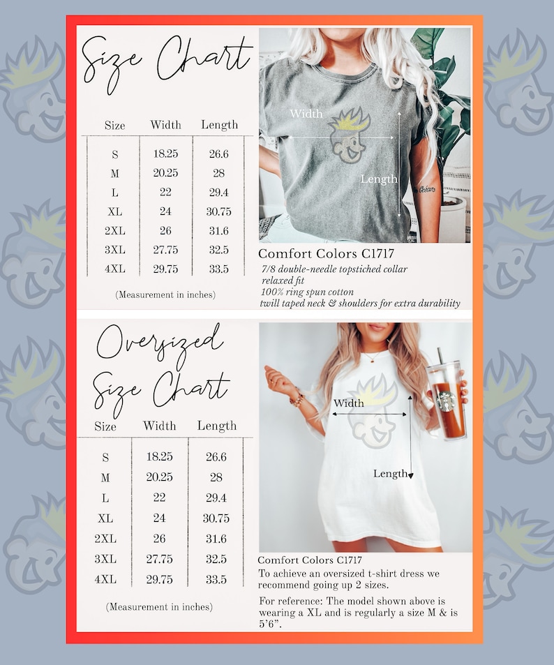May include: Size chart for a t-shirt with measurements in inches. The chart shows the width and length of the shirt in sizes S, M, L, XL, 2XL, 3XL, and 4XL. The chart also includes information about the fabric and fit of the shirt. Comfort Colors C1717. 7/8 double-needle topstitched collar, relaxed fit, 100% ring spun cotton, twill taped neck & shoulders for extra durability.