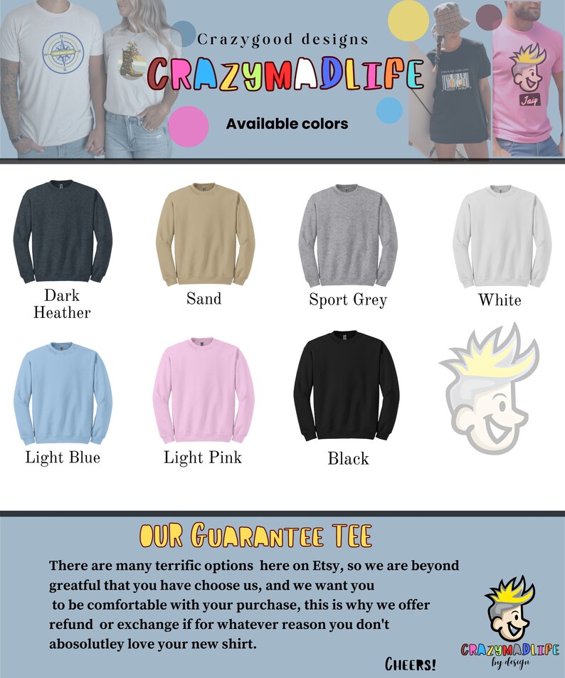 Puede incluir: Un dise&ntilde;o gr&aacute;fico para una camiseta con el texto "Crazymadlife" en letras de colores. La imagen muestra 10 opciones de colores diferentes para la camiseta: gris oscuro jaspeado, arena, gris deportivo, blanco, azul claro, rosa claro, negro, azul marino, rojo y verde azulado.