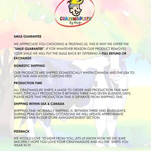 以下が含まれることがあります： 「CRAZYMADLIFE by design」というタイトルのテキスト画像で、スマイル保証、国内発送、生産時間、米国とカナダへの発送、フィードバックに関する情報が記載されています。テキストには「スマイル保証」というフレーズが含まれており、お客様が購入に満足できない場合は、全額返金または交換を受けられることが説明されています。