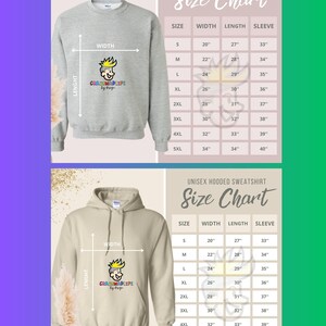 Puede incluir: Tabla de tallas para sudaderas con cuello redondo y con capucha unisex. La tabla muestra las medidas en pulgadas para el ancho, la longitud y la longitud de la manga para las tallas S a 5XL. La tabla est&aacute; impresa en un fondo blanco con texto negro.