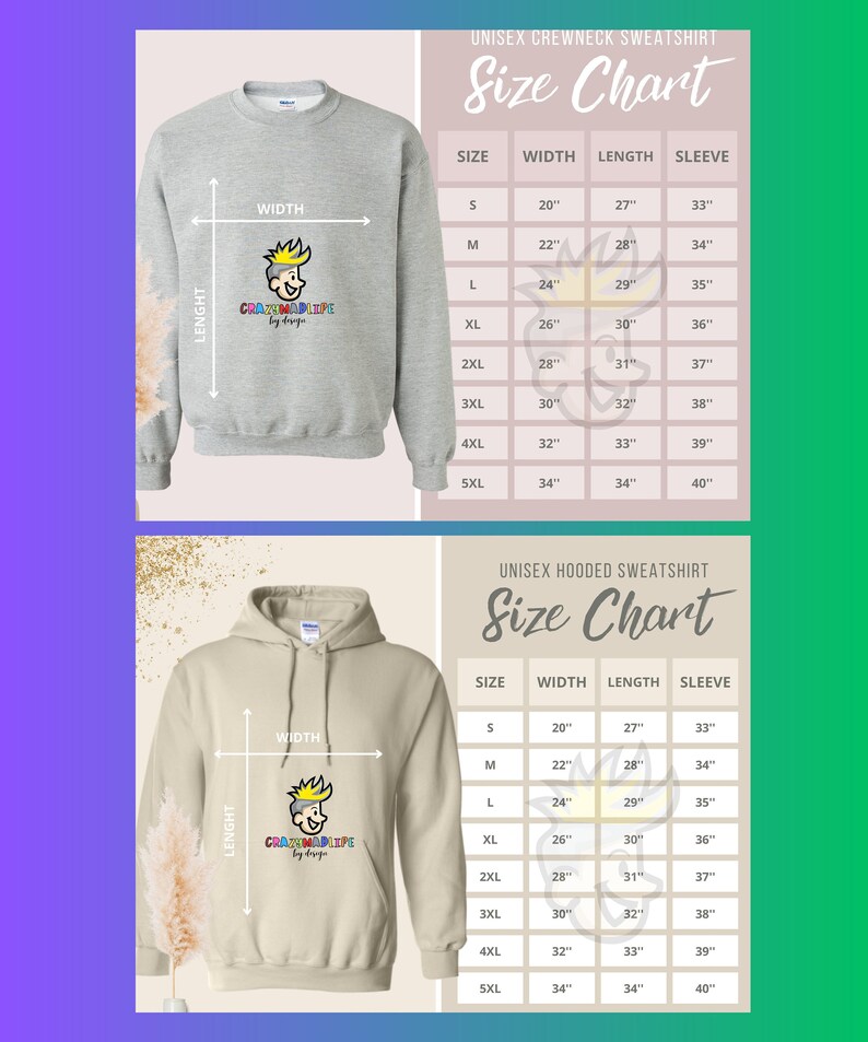 Puede incluir: Tabla de tallas para sudaderas con cuello redondo y con capucha unisex. La tabla muestra las medidas en pulgadas para el ancho, la longitud y la longitud de la manga para las tallas S a 5XL. La tabla est&aacute; impresa en un fondo blanco con texto negro.