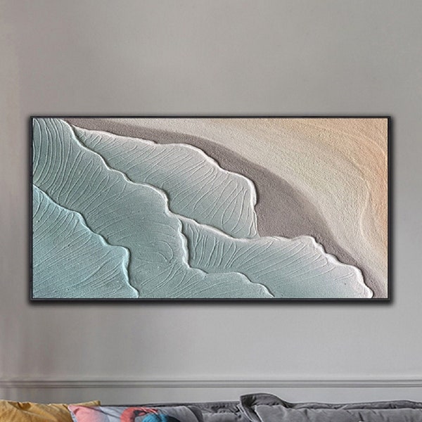 Sea beach canvas oil painting, blue ocean painting, ocean wave 3d texture painting, living room decor painting hand painted custom painting