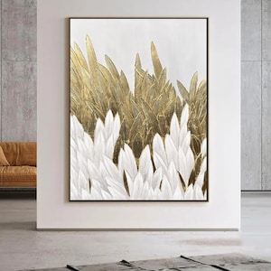 Gold and white feather texture painting,gold and white abstract painting canvas,gold and white wall art,gold leaf painting,white painting