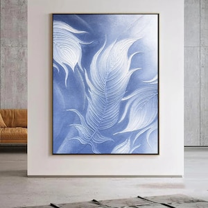 Gradual feather 3d texture painting,blue abstract painting,white textured art,blue 3d painting,white wall art,blue bedroom wall art decor