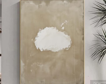Peinture à l'huile originale représentant un nuage blanc doux, un ciel beige crème et des gouttes abstraites sur toile.