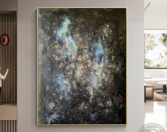 Starry sky abstract painting on canvas,Black textured wall art,Wabi sabi wall decor,Handmade oil painting artwork,Neutral wall art decor