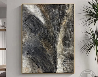 Large Black White Abstract Painting,Abstract Texture Wall Art,Neutral Wall Decor,Handmade Oil Painting For Home Decor,Entrance Wall Decor