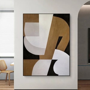 Pintura abstracta en blanco y marrón sobre lienzo, pintura minimalista en blanco y negro, arte de pared con textura wabi sabi, decoración de pared de entrada, obra de arte neutral
