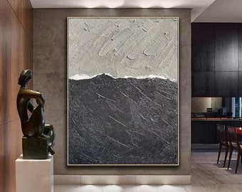 Large Black Gray Abstract Painting On Canvas,Minimalist Textured Wall Art,Entrance wall Decor,Wabi Sabi Abstract Art,Living Room Artwork