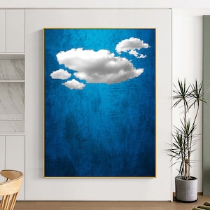 Abstrakte Malerei Weiße Wolke, Blauer Himmel und weiße Wolke, Minimalistische Kunst, Nachthimmel Gemälde, Nachthimmel Malerei