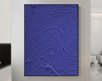 May include: Abstract painting with a textured blue background and swirling lines.