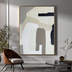 Beige and white minimalist abstract painting on canvas,Wabi sabi wall art,Abstract texture wall art,Gray white painting,Entrance wall decor image 1