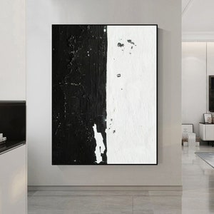 Pintura abstracta minimalista en blanco y negro sobre lienzo, arte de pared texturizado, arte de pared wabi sabi, pintura de pared en blanco y negro, decoración de pared de entrada