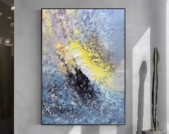 Blue White Texture Abstract Painting on Canvas Contemporary Texture Wall Art Blue Colorful Painting Framed Wall Art Decor Entrance Wall Art