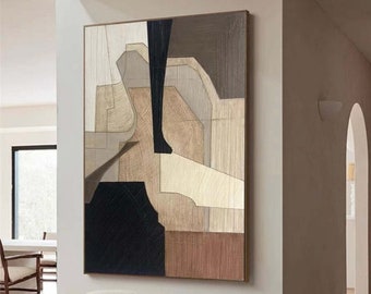 Cuadro abstracto minimalista de gran tamaño en tonos neutros, arte mural texturizado en marrón y beige, decoración de entrada estilo Wabi Sabi para sala de estar.