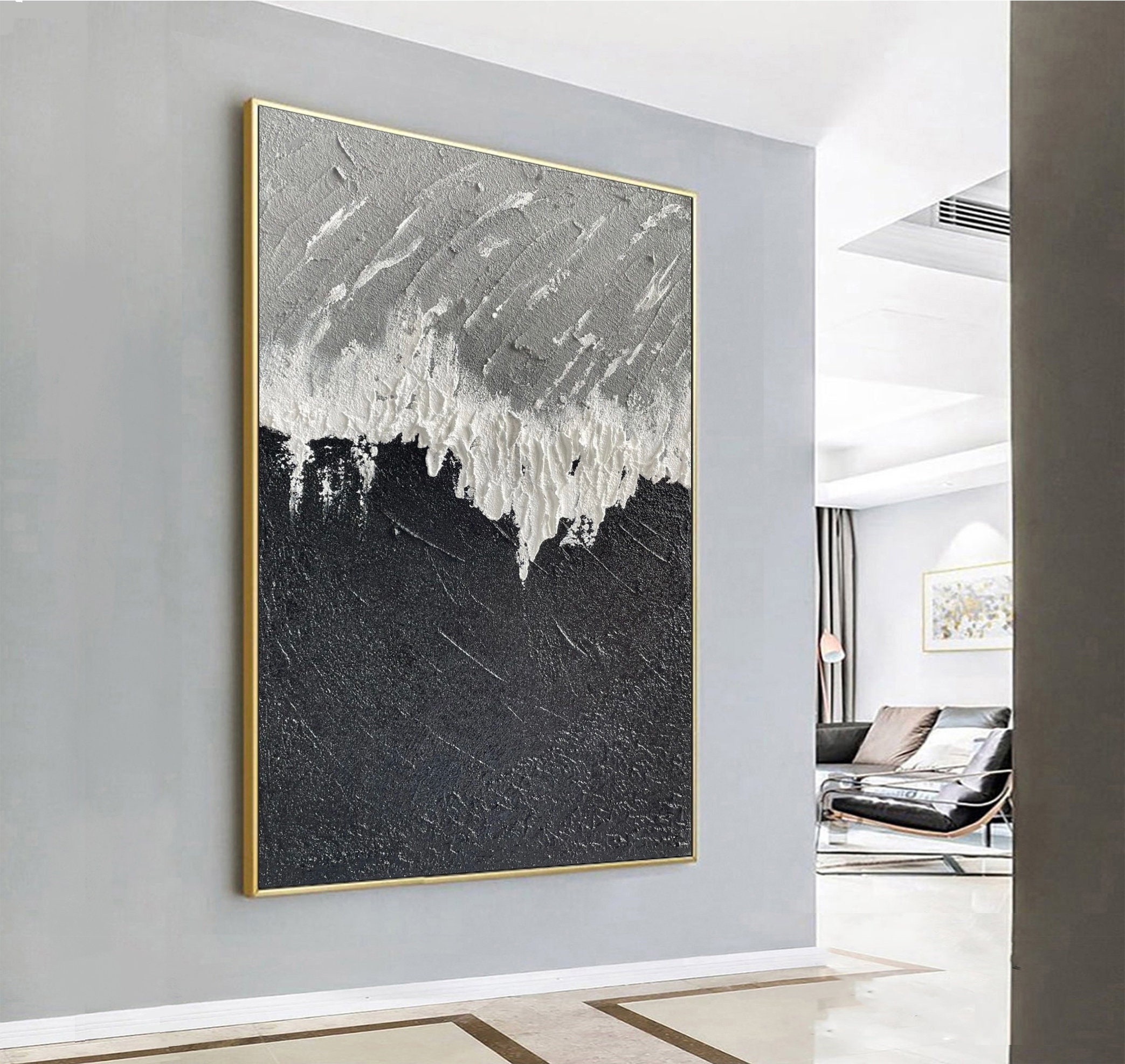 Black and White Abstract Painting 3D Textured Wall Art for Black White ...