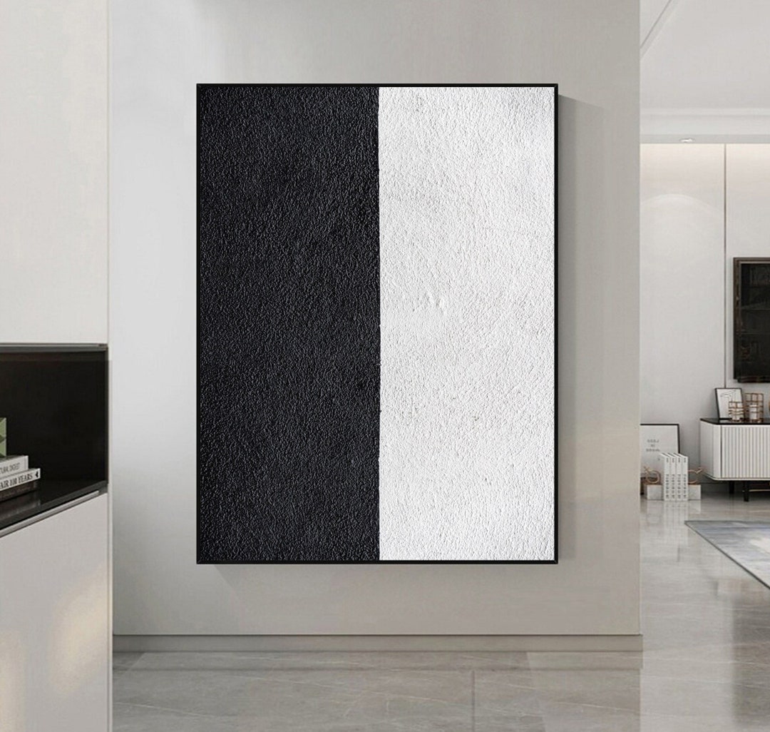 Minimalist Black White Abstract Painting on Canvas Black White Textured ...