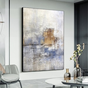 Large minimalist abstract painting,Blue white brown textured wall art,Neutral painting,Entrance wall art,Oil painting on canvas artwork