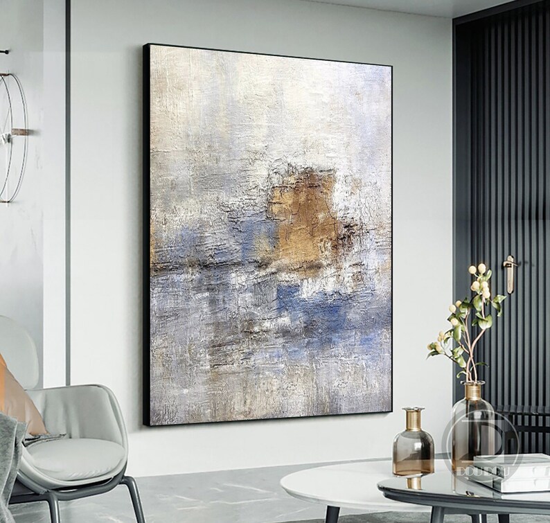 Large minimalist abstract painting,Blue white brown textured wall art,Neutral painting,Entrance wall art,Oil painting on canvas artwork