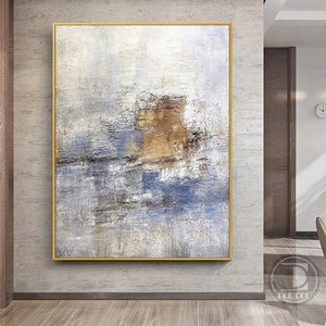 Large minimalist abstract painting,Blue white brown textured wall art,Neutral painting,Entrance wall art,Oil painting on canvas artwork