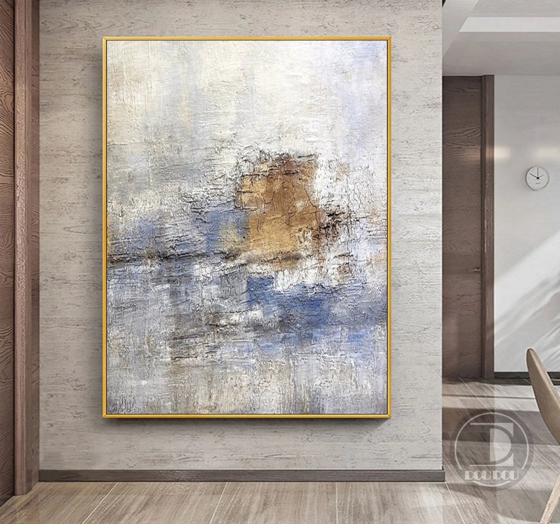 Large minimalist abstract painting,Blue white brown textured wall art,Neutral painting,Entrance wall art,Oil painting on canvas artwork