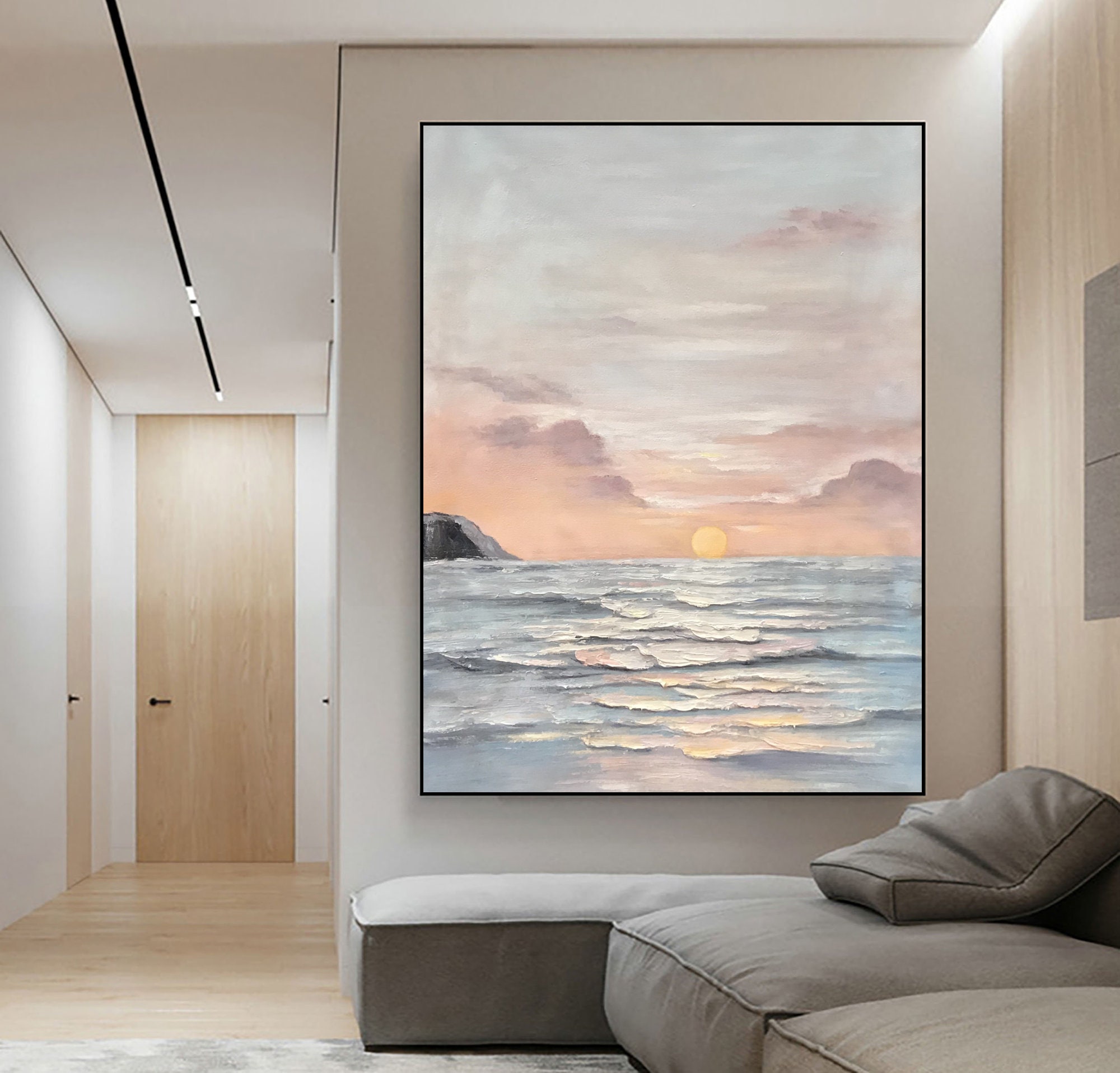 Ocean Abstract Painting on Canvas Sunset Wall Art Seascape Oil Painting ...