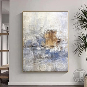 Large minimalist abstract painting,Blue white brown textured wall art,Neutral painting,Entrance wall art,Oil painting on canvas artwork