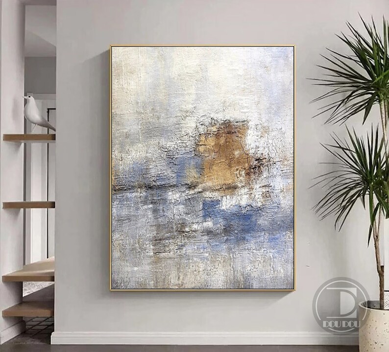 Large minimalist abstract painting,Blue white brown textured wall art,Neutral painting,Entrance wall art,Oil painting on canvas artwork