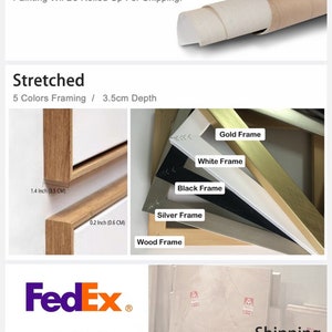 Puede incluir: Una comparaci&oacute;n de pinturas de lienzo estirado y sin estirar. El lienzo estirado se muestra con una profundidad de 3,5 cm (1,4 pulgadas) y una profundidad de 0,6 cm (0,2 pulgadas). El lienzo estirado est&aacute; disponible en cinco colores de marco: dorado, blanco, negro, plateado y madera.