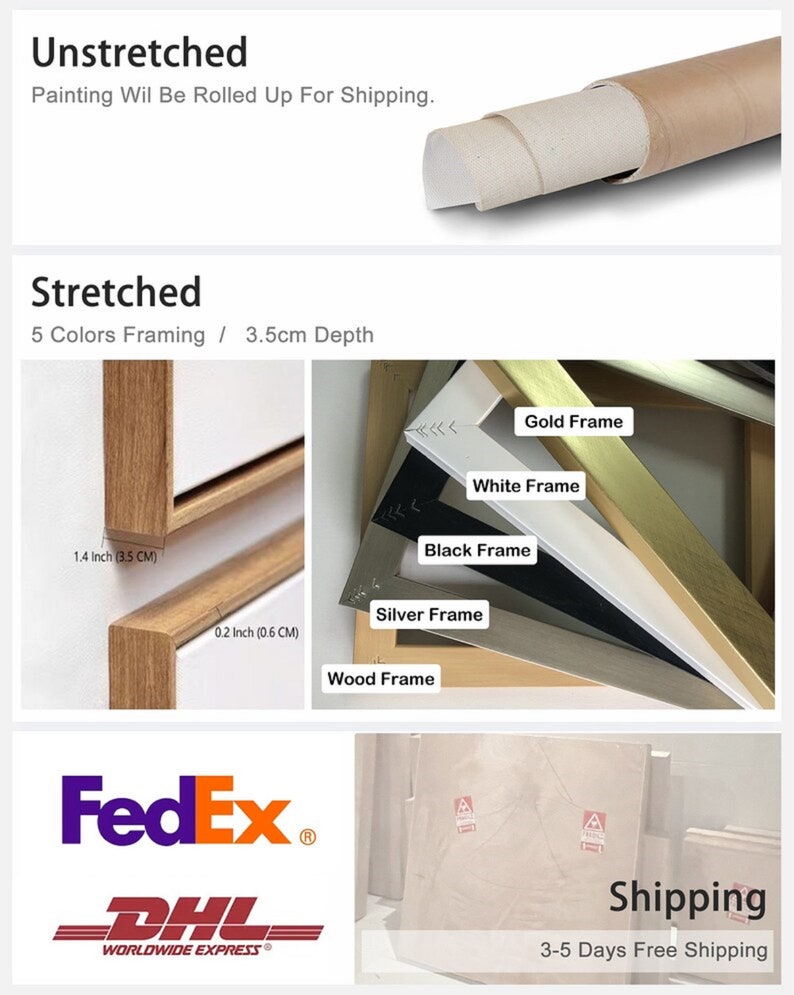 Puede incluir: Una comparaci&oacute;n de pinturas de lienzo estirado y sin estirar. El lienzo estirado se muestra con una profundidad de 3,5 cm (1,4 pulgadas) y una profundidad de 0,6 cm (0,2 pulgadas). El lienzo estirado est&aacute; disponible en cinco colores de marco: dorado, blanco, negro, plateado y madera.