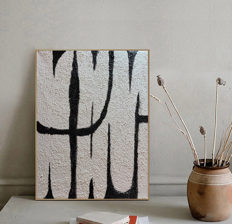 Large Original Black White Abstract Painting on Canvas Black White