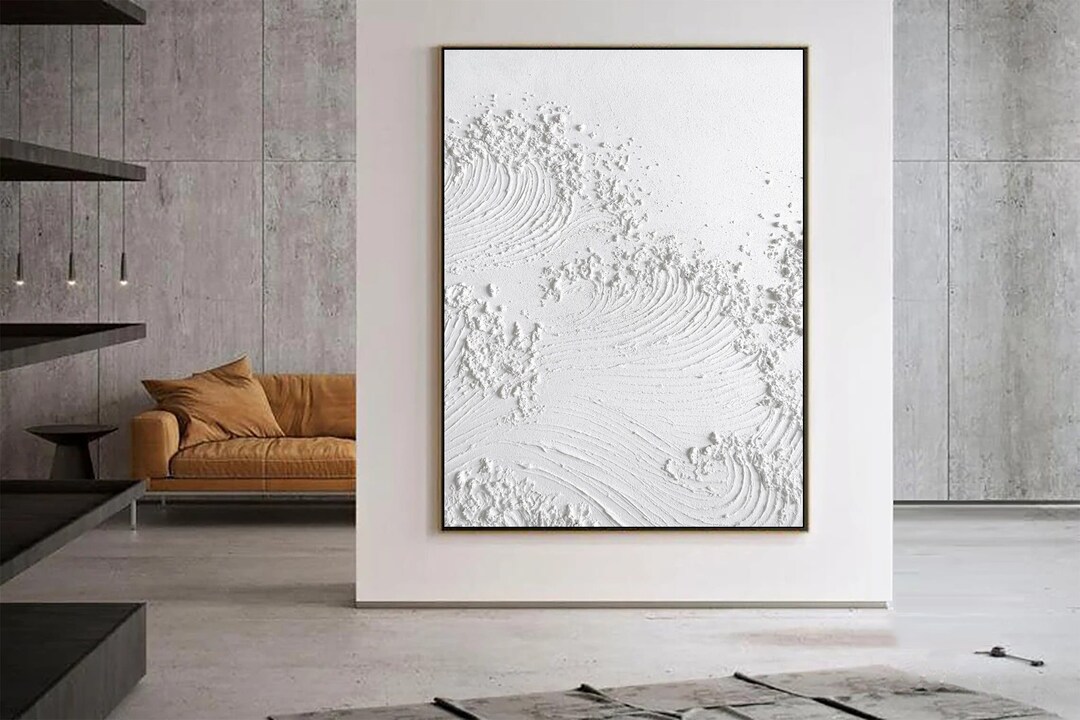 White Wave Abstract Painting on Canvas White 3d Textured Wall Art White