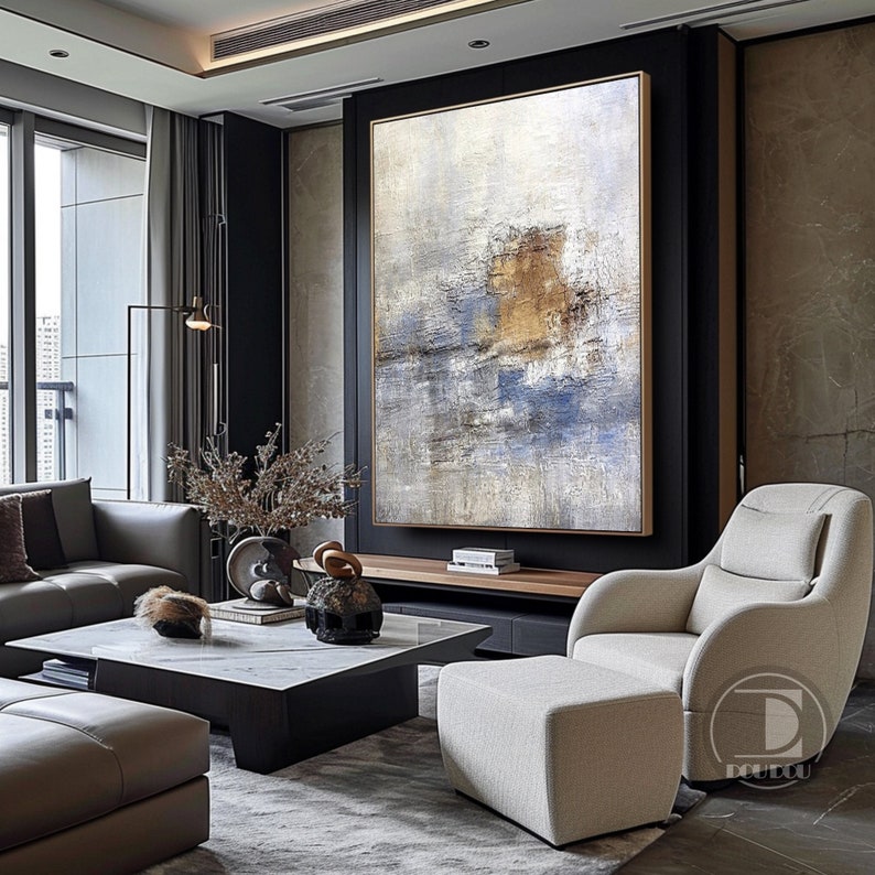 Large minimalist abstract painting,Blue white brown textured wall art,Neutral painting,Entrance wall art,Oil painting on canvas artwork