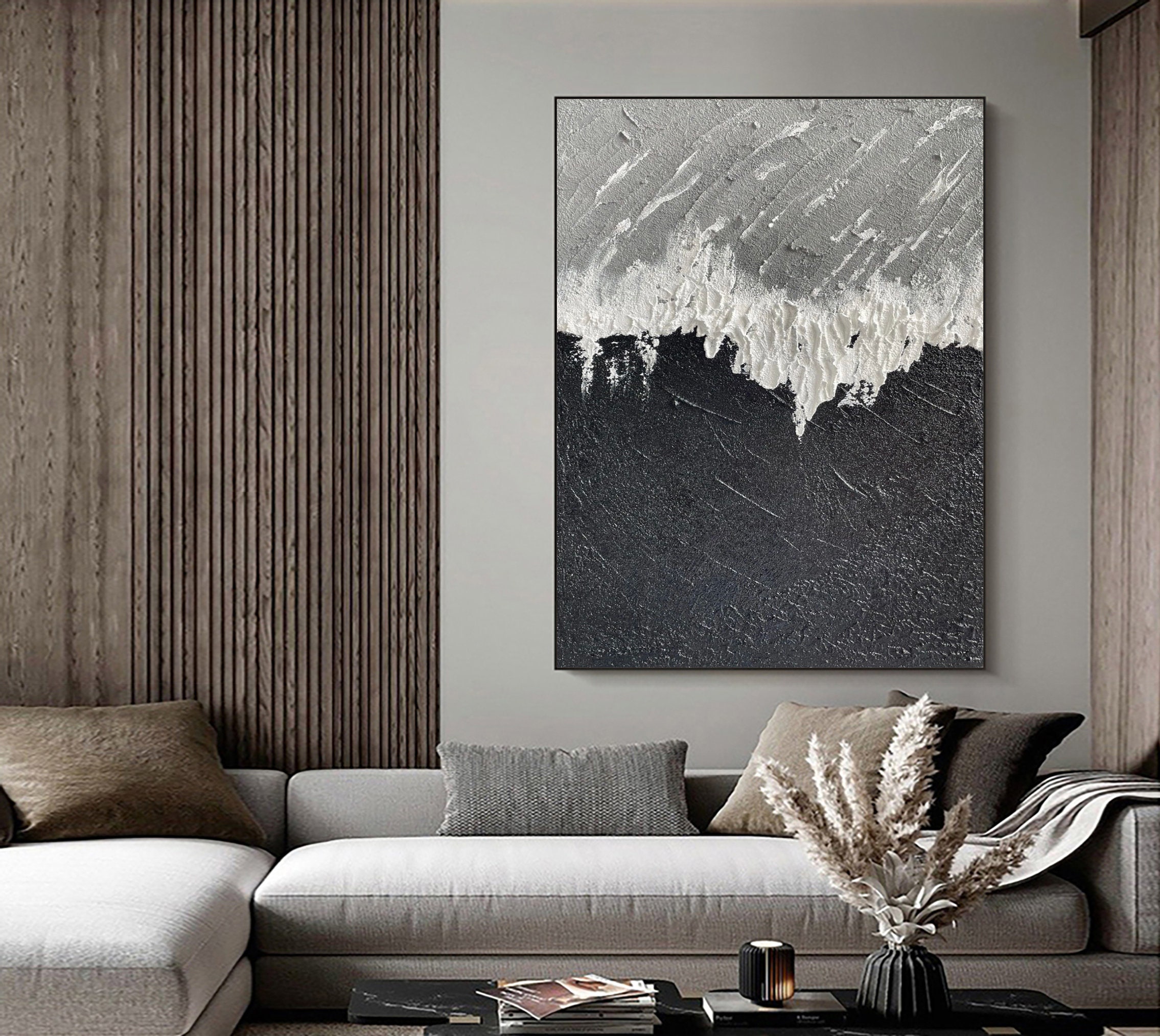 Black and White Abstract Painting 3D Textured Wall Art for Black White ...