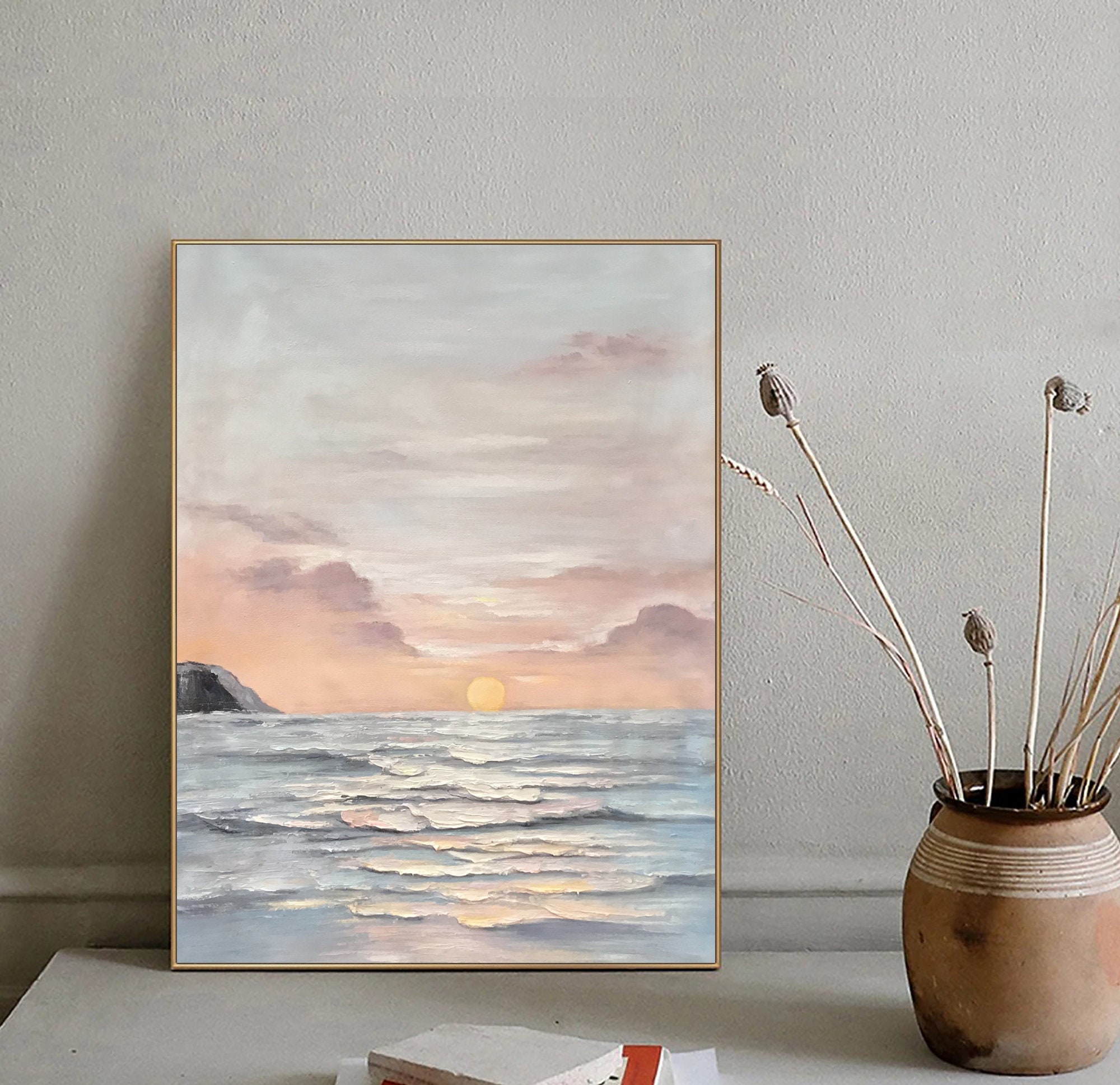 Ocean Abstract Painting on Canvas Sunset Wall Art Seascape Oil Painting ...